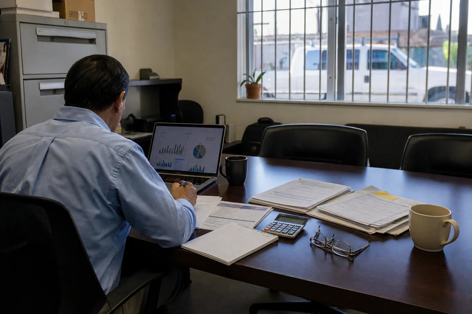 Man in a blue shirt reviewing charts on a laptop at a conference table with papers, a calculator, glasses and mugs in a small barred-window office