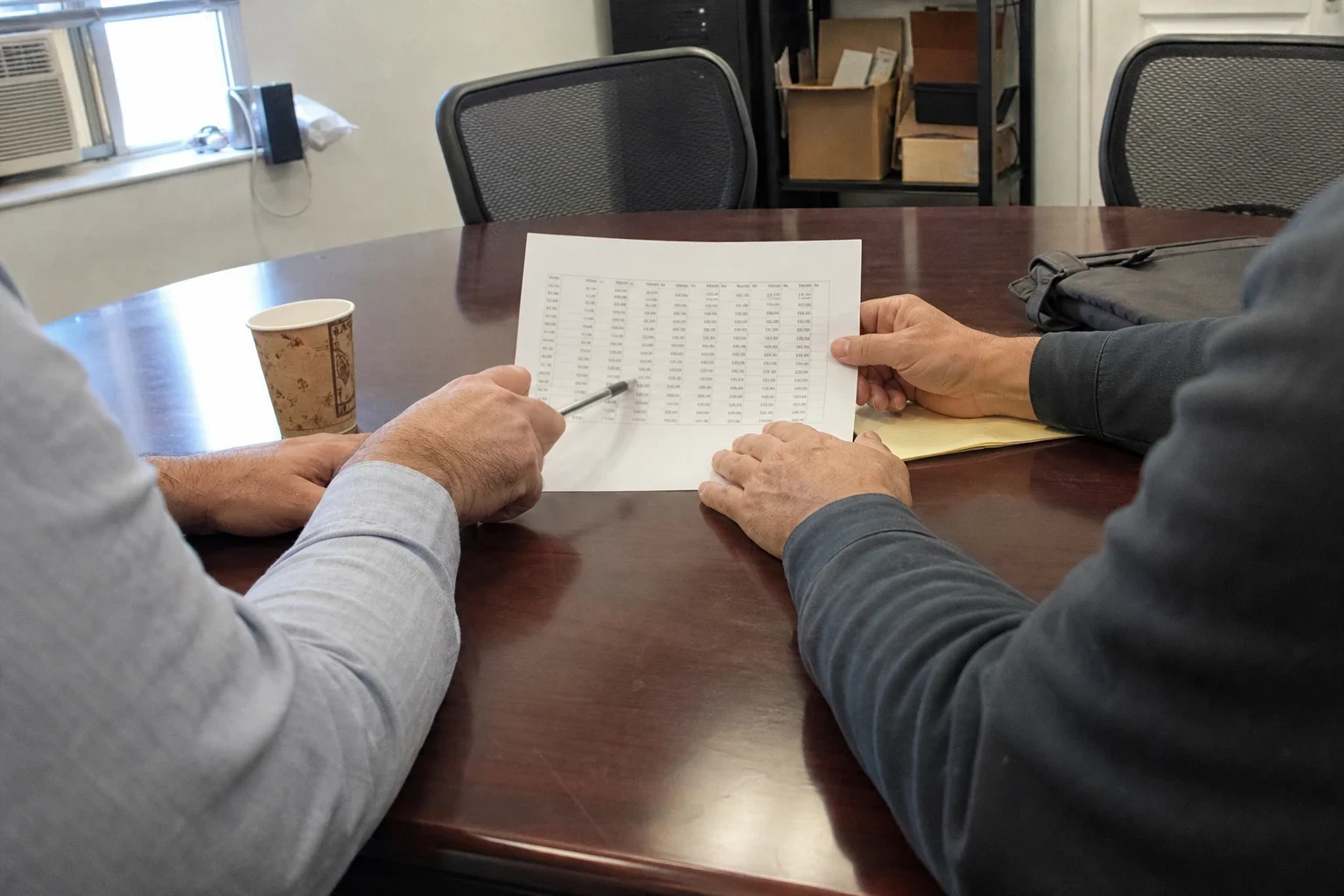 Two people at a dark wood conference table reviewing a printed table of figures, one pointing with a pen, with a paper coffee cup, folder and shelves of boxes nearby